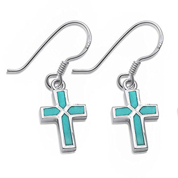 Fish Hook Dangle Drop Earrings Simulated Turquoise 925 Sterling Silver